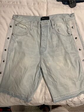 Purple Brand Light Indigo Tearaway Denim Jean Shorts with Snap Trim